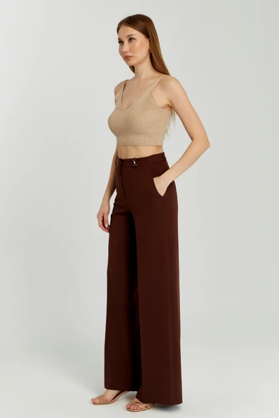 Kahverengi Palazzo Geniş Paça Dokuma Kumaş Pantolon - 10