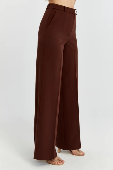 Kahverengi Palazzo Geniş Paça Dokuma Kumaş Pantolon - 8