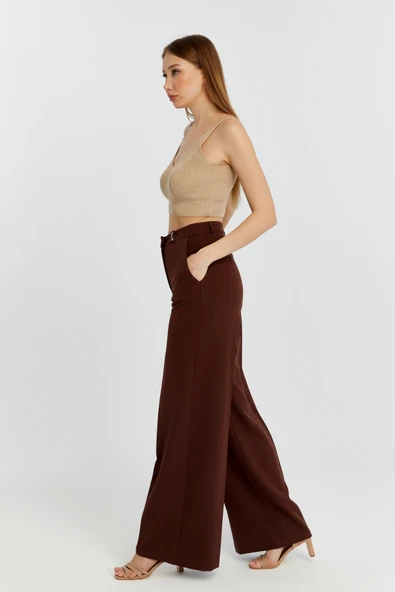 Kahverengi Palazzo Geniş Paça Dokuma Kumaş Pantolon - 3