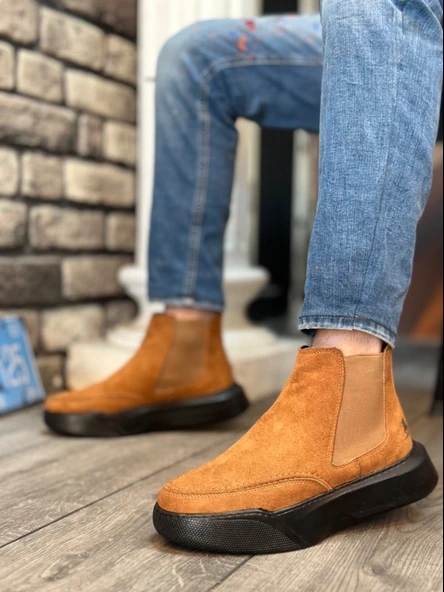 ET0150 Bağcıksız Erkek Taba Süet Siyah Yüksek Taban Spor Bot - Resim 2