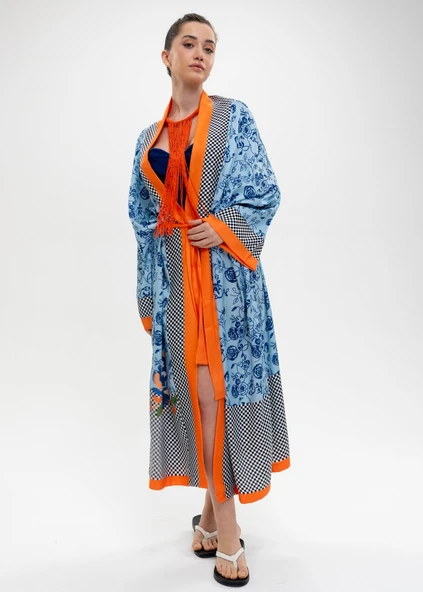 Mavi Çiçekler Kimono - 8