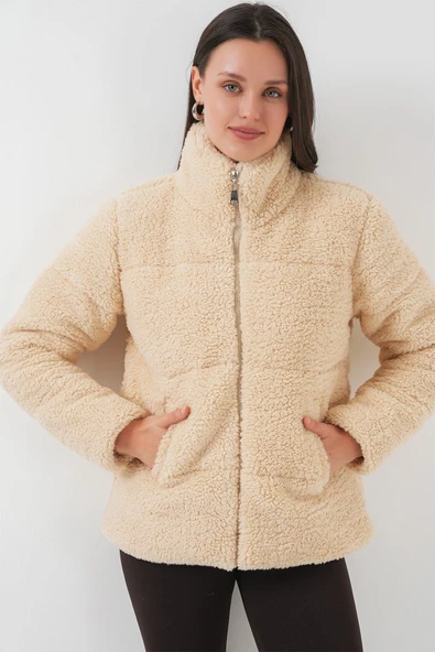 5178 Astarlı Peluş Mont - Krem - Resim 3