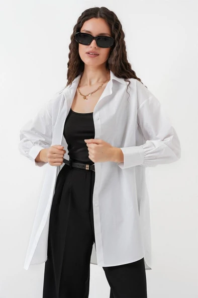 5946 Oversize Uzun Gömlek Tunik - Beyaz - Resim 3