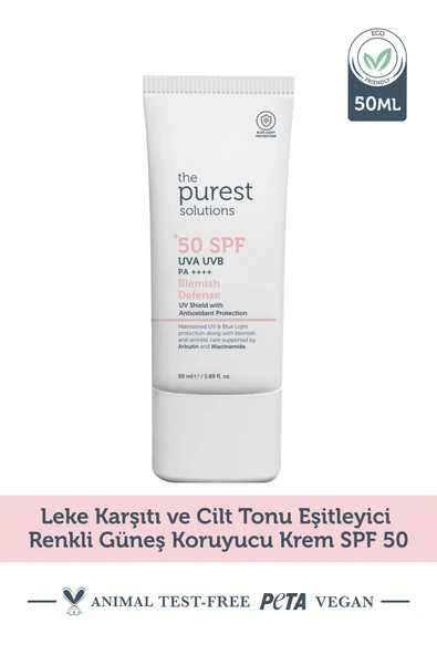The Purest Solutions Leke Karşıtı ve Cilt Tonu Eşitleyici Renkli Güneş Koruyucu Krem SPF 50, 50 ml