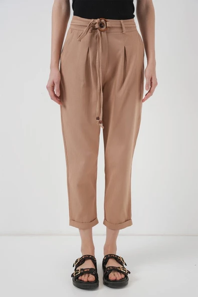 6660 Kemerli Keten Pantolon - Bisküvi - 2