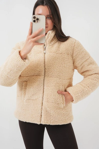 5178 Astarlı Peluş Mont - Krem - Resim 2