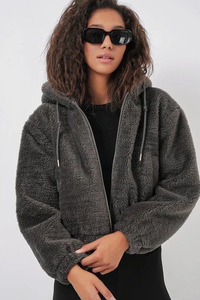 5193 Kapüşonlu Peluş Crop Ceket - Antrasit - 2