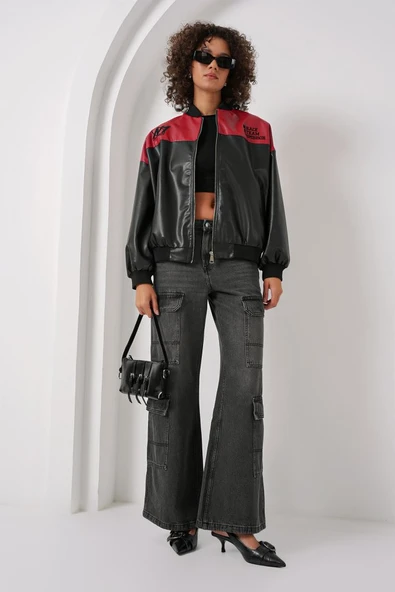 0698 Baskılı Suni Deri Bomber Ceket - Bordo - 2