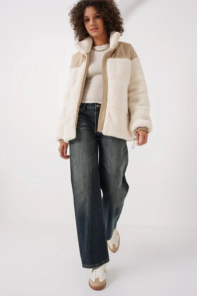 5196 Şişme Peluş Mont - Ekru - 3