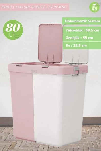 2’li Kirli Sepeti 80 Litre Çamaşır Sepeti Dokunmatik Kirli Çamaşır Sepeti Pembe-Beyaz - 2