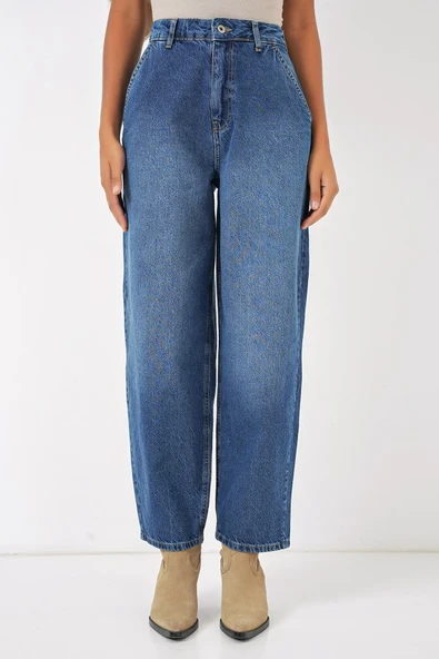6688 Yüksek Bel Baggy Kot Pantolon - Lacivert - 4