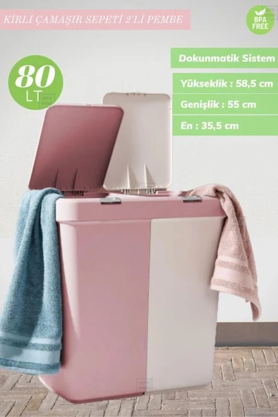 2’li Kirli Sepeti 80 Litre Çamaşır Sepeti Dokunmatik Kirli Çamaşır Sepeti Pembe-Beyaz - 3