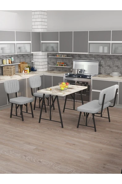 Hayat 70x110 Efes Mutfak Masası, Mutfak Masası Takımı, Yemek Masası, 2 Sandalye 1 Bench - Açık Gri