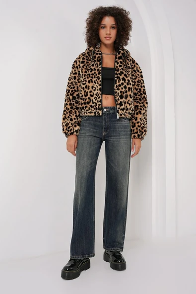 5193 Kapüşonlu Peluş Crop Ceket - C. Kahverengi - 4