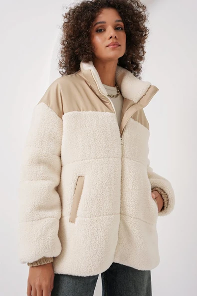 5196 Şişme Peluş Mont - Ekru - 4