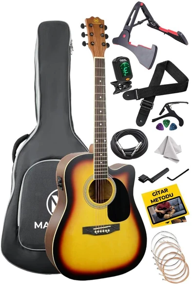 Maxword MCG-750SB Yüksek Kaliteli Ağaç Ekolayzerli Elektro Akustik Gitar Full Set