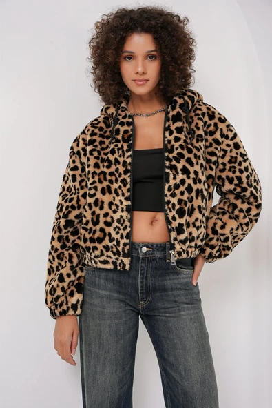 5193 Kapüşonlu Peluş Crop Ceket - C. Kahverengi - 2