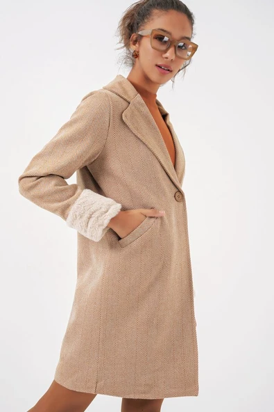 9085 Balık Sırtı Kaşe Kaban - Camel - 3