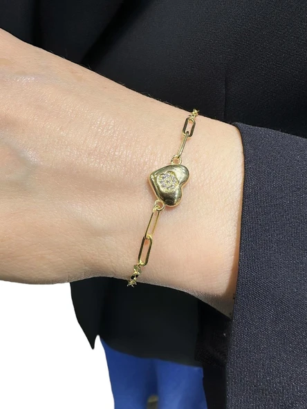 İtalyan Işıltı Zincir Taşlı Kalp Ataç Çok Şık Altın Bileklik - Resim 2
