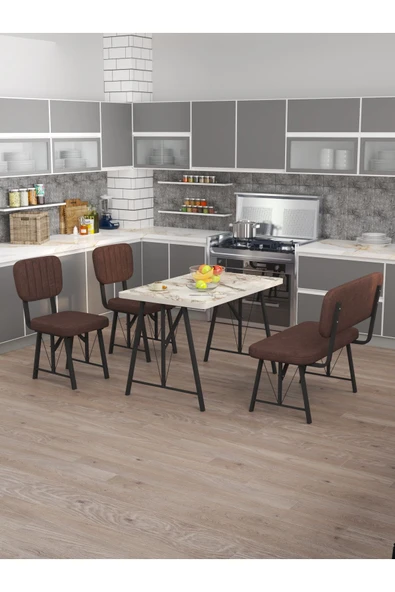Hayat 70x110 Efes Mutfak Masası, Mutfak Masası Takımı, Yemek Masası, 2 Sandalye 1 Bench - Kahverengi