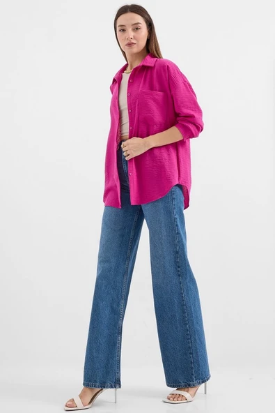 20153 Tek Cepli Oversize Keten Gömlek - Koyu Pembe - 3