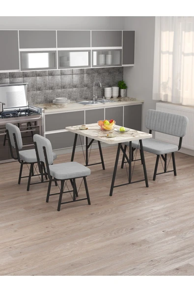 Hayat 70x110 Efes Mutfak Masası, Mutfak Masası Takımı, Yemek Masası, 2 Sandalye 1 Bench - Açık Gri - 2