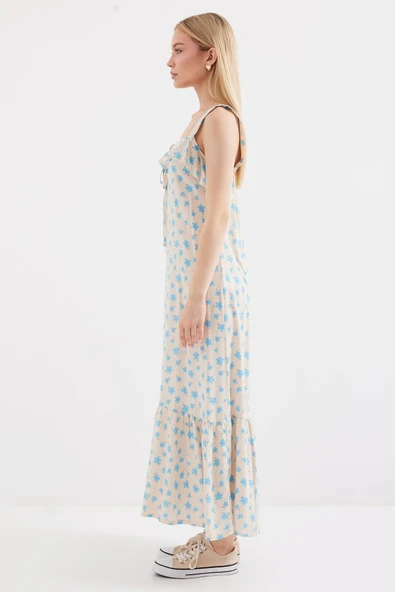 2237 Desenli Askılı Viskon Elbise - Mavi - Resim 3