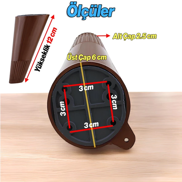 Ahşap Desenli Ayak Açılı Konik 12 cm Mobilya Yükseltici Baza Ayağı Koltuk Kanepe Altı Puf Ayakları - Resim 5