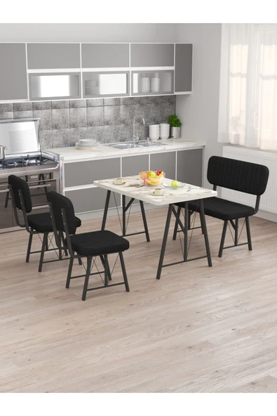 Hayat 70x110 Efes Mutfak Masası, Mutfak Masası Takımı, Yemek Masası, 2 Sandalye 1 Bench - Siyah - 2