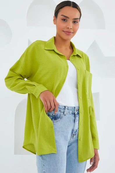20153 Tek Cepli Oversize Keten Gömlek - Yağ Yeşil - Resim 3