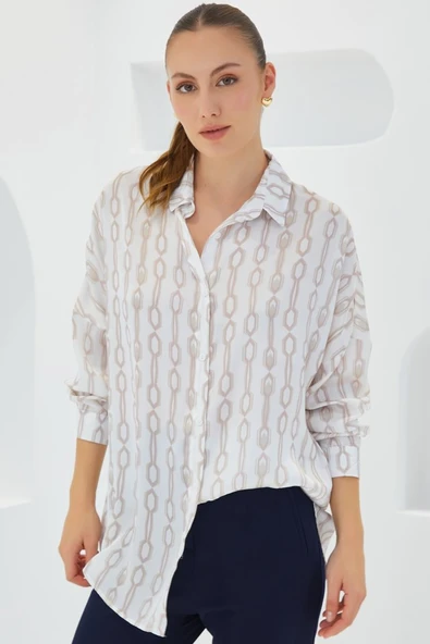 Bej Beyaz Desenli Oversize Saten Gömlek 3985 ürün görseli
