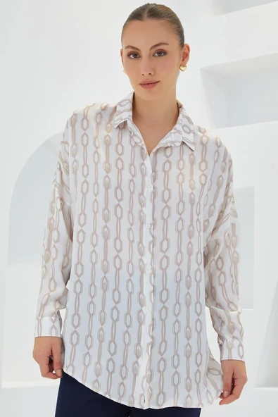 Bej Beyaz Desenli Oversize Saten Gömlek 3985 - Resim 2