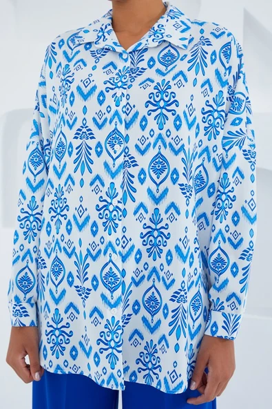 Mavi Beyaz Desenli Oversize Saten Gömlek 3985 - Resim 4