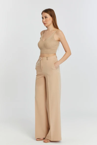 Vizon Palazzo Geniş Paça Dokuma Kumaş Pantolon - 6