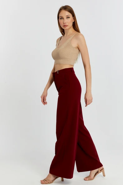 Bordo Palazzo Geniş Paça Dokuma Kumaş Pantolon - 2
