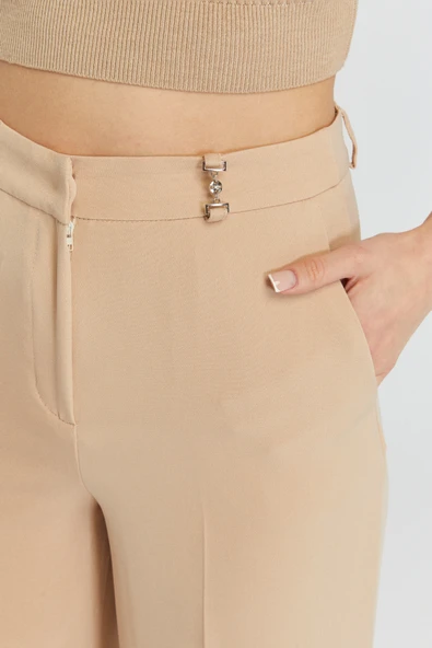 Vizon Palazzo Geniş Paça Dokuma Kumaş Pantolon - 5