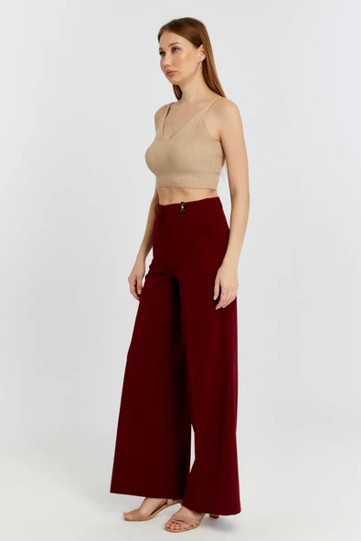 Bordo Palazzo Geniş Paça Dokuma Kumaş Pantolon - 5