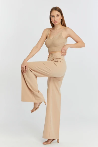 Vizon Palazzo Geniş Paça Dokuma Kumaş Pantolon