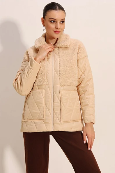 5182 Peluş Detaylı Oversize Şişme Mont - Bej - 3