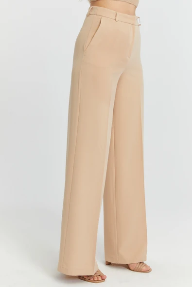 Vizon Palazzo Geniş Paça Dokuma Kumaş Pantolon - 8