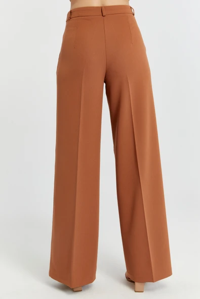 Taba Rengi Palazzo Geniş Paça Dokuma Kumaş Pantolon - 10