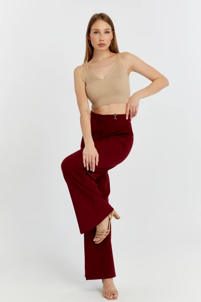 Bordo Palazzo Geniş Paça Dokuma Kumaş Pantolon