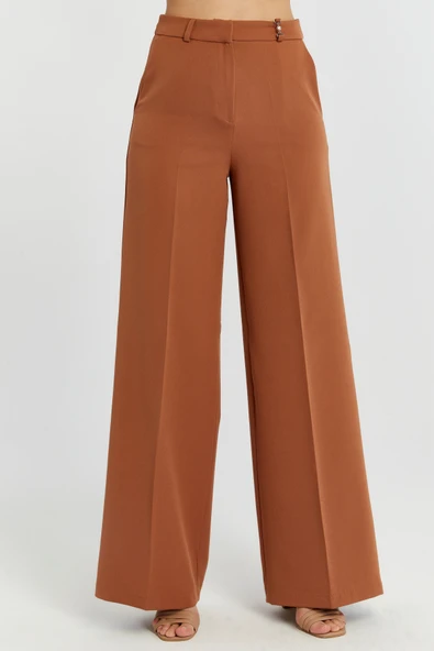 Taba Rengi Palazzo Geniş Paça Dokuma Kumaş Pantolon - 7