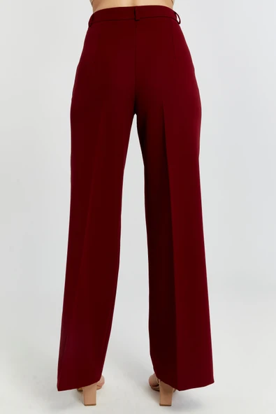 Bordo Palazzo Geniş Paça Dokuma Kumaş Pantolon - 10