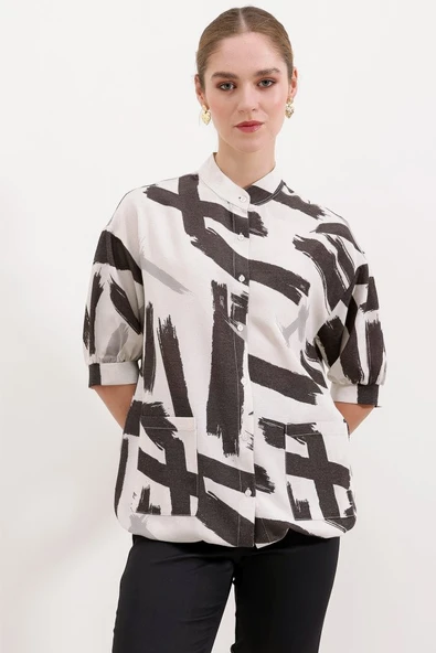 20226 Desenli Oversize Gömlek - Siyah - Resim 3