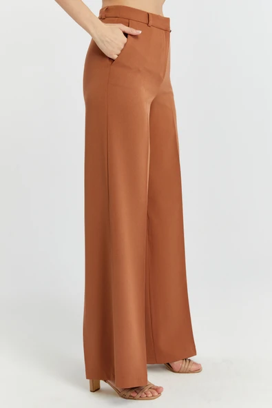 Taba Rengi Palazzo Geniş Paça Dokuma Kumaş Pantolon - 8