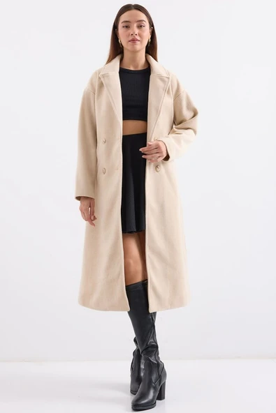 Krem Oversize Geniş Kesim Yünlü Uzun Kaşe Kaban 9113 - 4