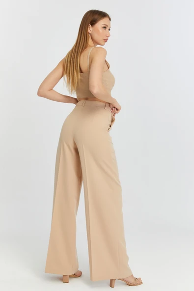 Vizon Palazzo Geniş Paça Dokuma Kumaş Pantolon - 3