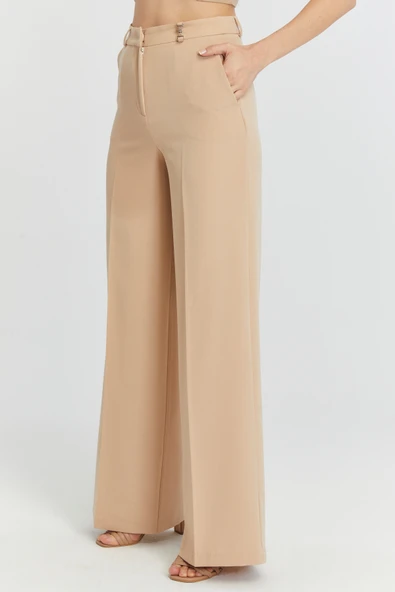 Vizon Palazzo Geniş Paça Dokuma Kumaş Pantolon - 9