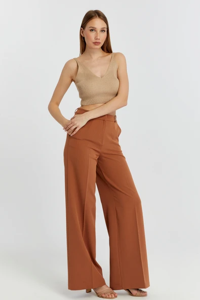 Taba Rengi Palazzo Geniş Paça Dokuma Kumaş Pantolon